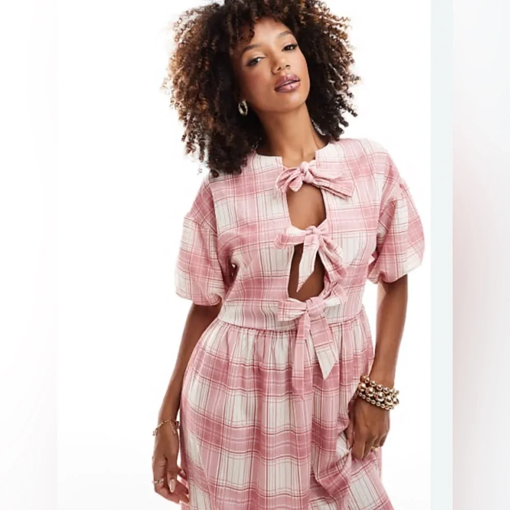 ASOS DESIGN Pink  Plaid Curve Puff Sleeve Tie Front Maxi Dress Size 14 - Picture 2 of 11